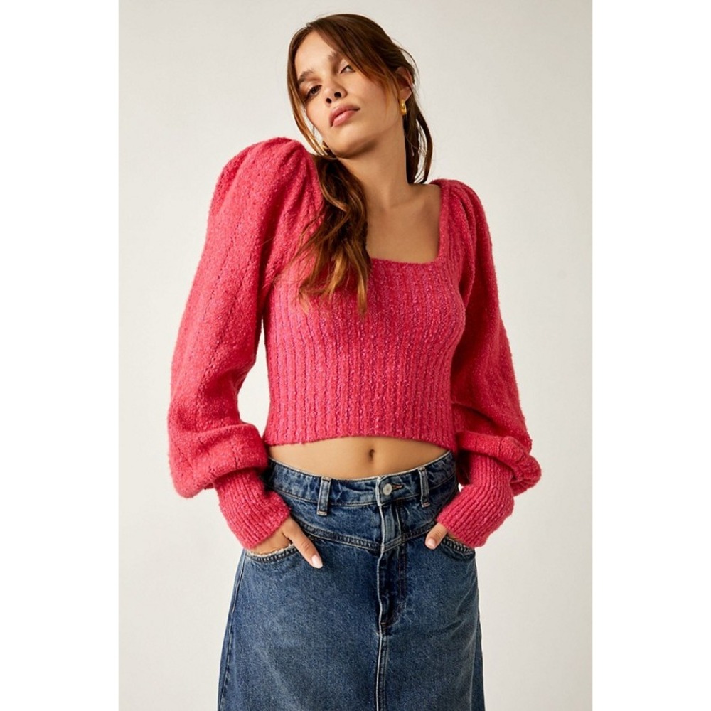 Free People Cropped Balloon Sleeve Ribbed Knit Sweater Size L Pink Square Neck